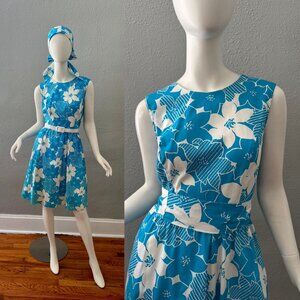 Vintage 70s 80s Blue Hawaiian VIA SANT ANDREA Sleeveless Cotton Sun Dress M